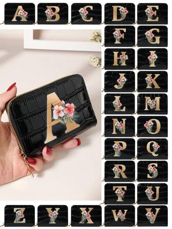 字母套装，配水彩花朵和树叶 时尚印花拉链，多卡位卡片收纳盒，用于存储信用卡，轻便多层便携式身份证信用卡，简约时尚，现代商务，周年纪念，生日礼物，女孩，女士，女包，学校用品，宿舍和返校，女士钱包，钱包，小钱包