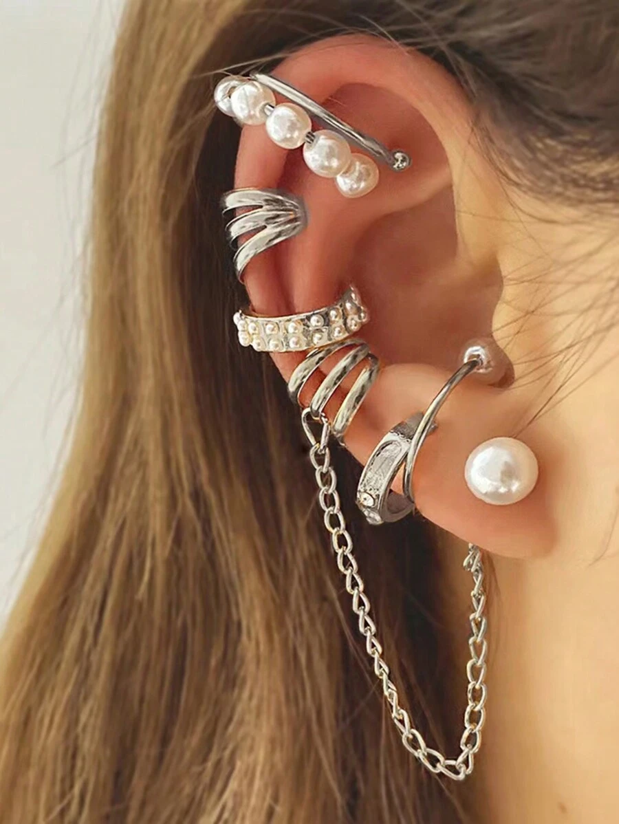 1 Set Pearl Clip-On Earrings, Minimalist Style Long EarringsPersonalizedty Ear Cuff For Women - Silver - View 1