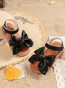 1對幼兒女童夏季公主風格蝴蝶結涼鞋，適用於休閑和海灘穿著 - 黑色 - 查看 2