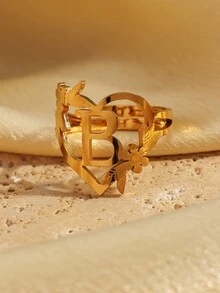 1 Miếng Thép không gỉ Chữ cái Nhẫn Với Chữ cái đầu tiên ( Có thể điều chỉnh A Đến Z ) Như Cô gái Quà tặng ngày lễ - Vàng - Xem 5