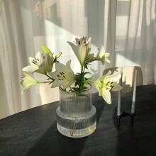 1pc Striped Cylinder Glass Vase, Suitable For Home Dining Table Decoration, Hair Salon Decoration, Spring And Summer Decoration Gifts Birthday Graduation