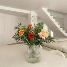 1pc Striped Cylinder Glass Vase, Suitable For Home Dining Table Decoration, Hair Salon Decoration, Spring And Summer Decoration Gifts Birthday Graduation