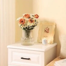 1pc Striped Cylinder Glass Vase, Suitable For Home Dining Table Decoration, Hair Salon Decoration, Spring And Summer Decoration Gifts Birthday Graduation