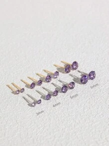 纯银耳环套装 | 镀白金防过敏耳环 | 紫色立方氧化锆耳环，男女通用 | 4 种尺寸可选（3 毫米、4 毫米、5 毫米、6 毫米） - 銀色 - 查看 8