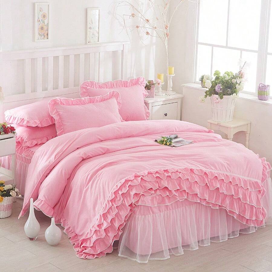 1pc Solid Color Princess Style Duvet Cover (Without Filler And Pillowcase) - Medium Powder - View 1