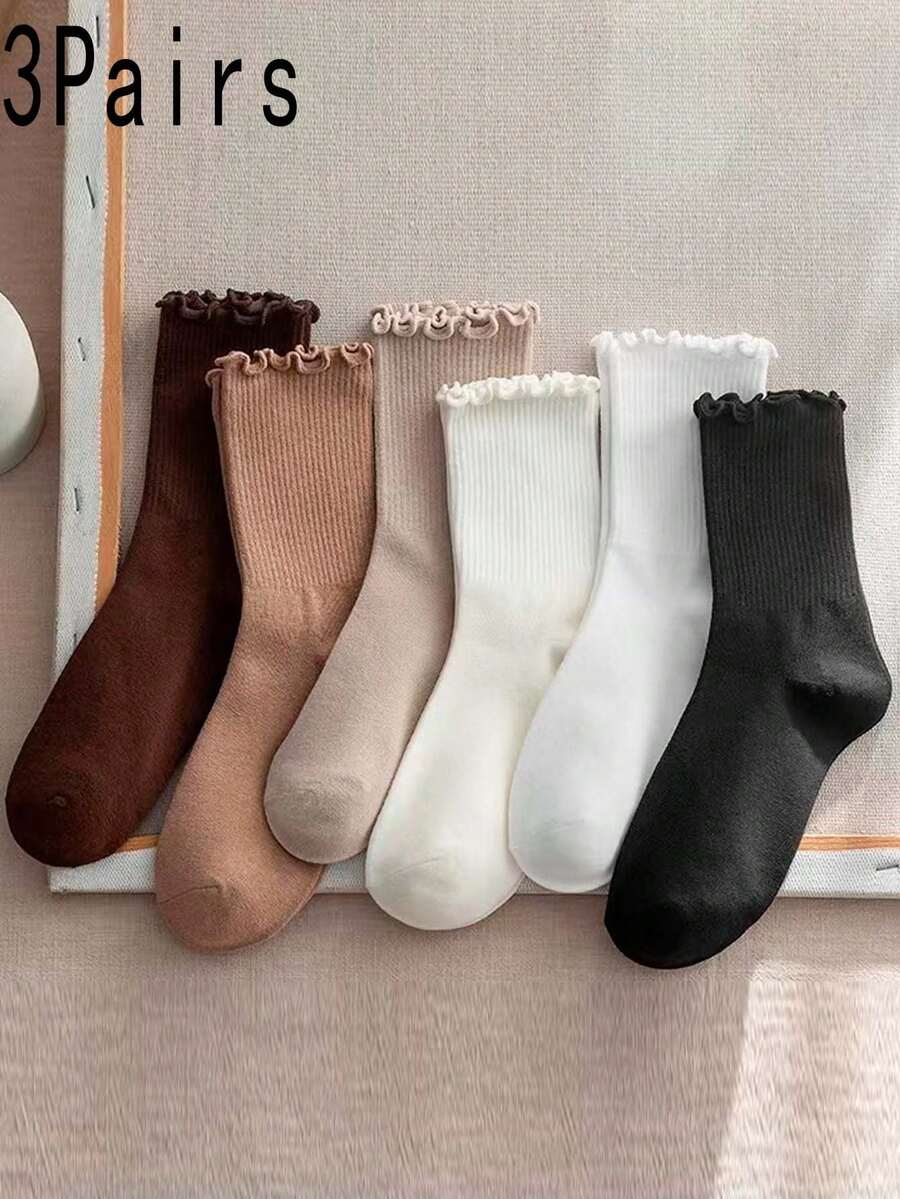 3雙女士透氣和吸濕排汗和舒服素色蕾絲鑲邊中筒襪,隨機色發貨 - 彩色 - 查看 1