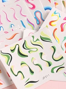 12 片装彩色线条设计水指甲贴花粉色蓝色绿色不对称线条贴纸春季艺术全覆盖指甲贴法式美甲贴 DIY - 彩色 - 查看 6