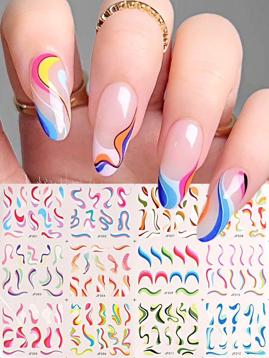 12 片装彩色线条设计水指甲贴花粉色蓝色绿色不对称线条贴纸春季艺术全覆盖指甲贴法式美甲贴 DIY - 彩色 - 查看 1