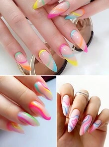12 片装彩色线条设计水指甲贴花粉色蓝色绿色不对称线条贴纸春季艺术全覆盖指甲贴法式美甲贴 DIY - 彩色 - 查看 7