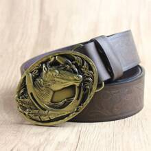 圓馬蹄鐵西部風格皮帶扣,格子和公牛頭紋皮帶,花卉和3d紋身紋路印花皮帶,黑色/棕色經典紋路皮帶配有時尚的花卉/光滑的扣和打孔 - 多款 - 查看 7