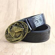 圓馬蹄鐵西部風格皮帶扣,格子和公牛頭紋皮帶,花卉和3d紋身紋路印花皮帶,黑色/棕色經典紋路皮帶配有時尚的花卉/光滑的扣和打孔 - 多款 - 查看 4