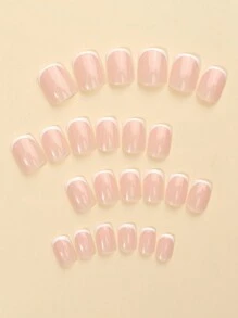 24Pcs For Daily Gatherings, Weddings, Birthdays, Parties, French Border, Summer Short Square, Press Type Nail Clips, Simple And Fashionable, Can Enhance Temperament. Wearing Nail Clips, 1Pc Nail Files+1 Piece Of Jelly Glue In A White Gift Box, Suitable For Girls' Commuting Wear Press On Nails Nail Supplies Nails - Multicolor - View 2