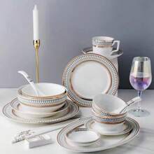 家居用金色陶瓷餐具套裝：歐式米飯碗和湯碗套裝 - 金色 - 查看 1