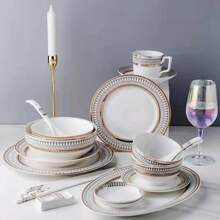 家居用金色陶瓷餐具套裝：歐式米飯碗和湯碗套裝 - 金色 - 查看 7