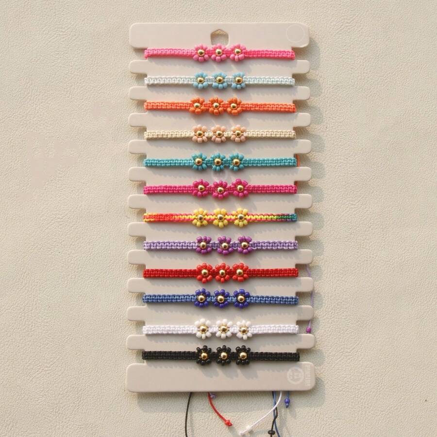 12 cái/bộ Phong cách Bohemian Đầy màu sắc Cord , Kết cườm , Và Thiết kế hoa Có thể điều chỉnh Vòng tay Đối với phụ nữ , Liên hoan âm nhạc Và Bữa tiệc ngày lễ - Đầy màu sắc - Xem 1