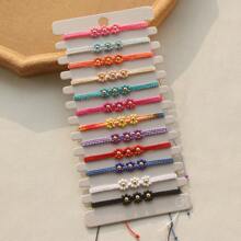 12 cái/bộ Phong cách Bohemian Đầy màu sắc Cord , Kết cườm , Và Thiết kế hoa Có thể điều chỉnh Vòng tay Đối với phụ nữ , Liên hoan âm nhạc Và Bữa tiệc ngày lễ - Đầy màu sắc - Xem 3