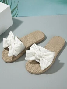 女士蝴蝶结装饰平底凉鞋，轻便夏季拖鞋，时尚舒适的女士沙滩鞋 - 白色 - 查看 6