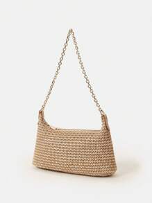 New Arrival Fashionable Bohemian Style Woven Rattan Bag With Chain Strap, Shoulder Bag, Suitable For Daily Casual, Vacation, Shopping And Outfit Matching, Tready Crescent Moon Bag For Women