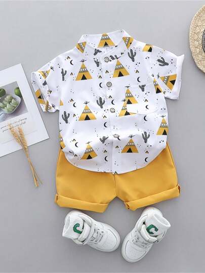 Baby Boy Summer Cartoon Print Triangle Pattern Stand Collar Shirt Shorts Set(Random Pattern)