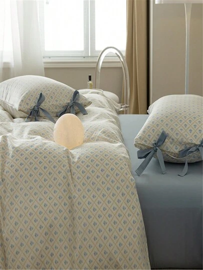 4pcs Tự nhiên Hoa In Bộ chăn ga gối Đối với Cô gái Phòng , Lau sạch , Tươi , Mềm mại , Bốn , Bao gồm Vỏ chăn Duvet , Khăn trải giường , Và 2 Vỏ gối Với Trang trí Nơ