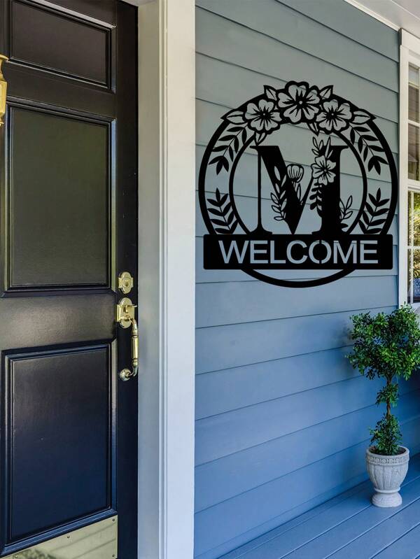 Personalized Classic Metal Welcome Sign, Metal Wall Art, Housewarming Gift, Wedding Gift, Door Hanger, Initial Wall Name Diy Decoration, Flower Vows Letter Combination Sign,Home Decor ,Room Decor,Wall Decor