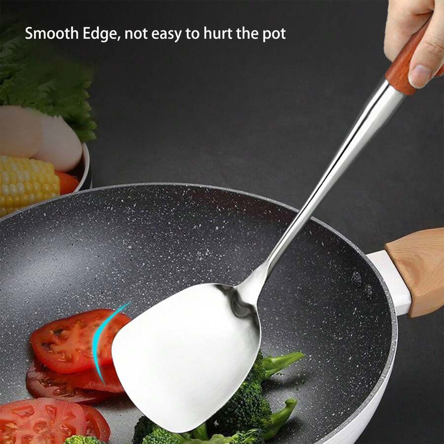 1個木紋不銹鋼鏟子,湯勺,煎鏟,漏勺,隔熱廚具,烹飪鏟子 - 彩色 - 查看 1