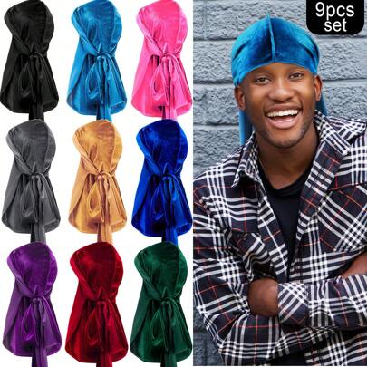 1/6/9 pezzi Durag in velluto con lacci per uomo, berretto pirata alla moda in velluto, unisex, casual, morbido e confortevole per sport e attività all'aperto, fascia per la testa da indossare quotidianamente, cappello da pirata