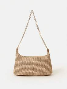 New Arrival Fashionable Bohemian Style Woven Rattan Bag With Chain Strap, Shoulder Bag, Suitable For Daily Casual, Vacation, Shopping And Outfit Matching, Tready Crescent Moon Bag For Women