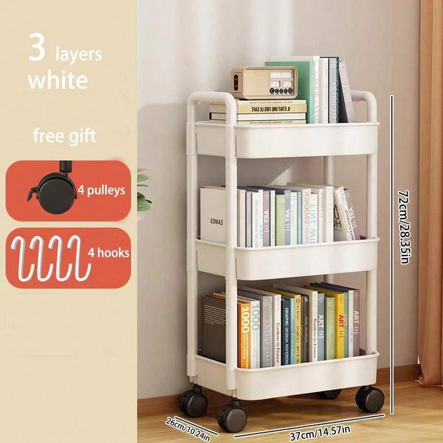 Chariot à Livres 3 Niveaux Roulant - Étagère Mobile Avec Roues Et Crochets Pour Maison Et Bureau