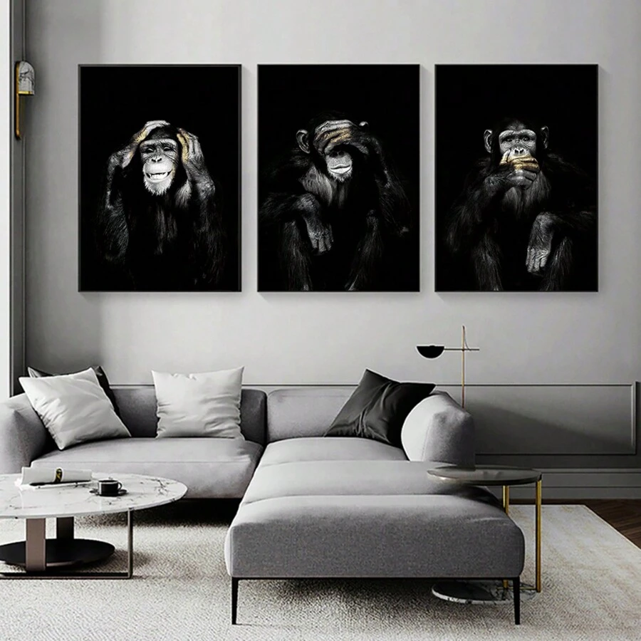 3pcs/Set Unframed Animal Canvas Printed Posters, Funny Gorilla Canvas Wall Art For Living Room, Bedroom, Bathroom, Office, Hallway Wall Decoration Gifts Birthday Graduation - Multicolor - View 1