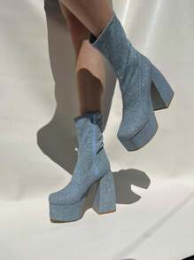BOTAS BRILLOS MUJER BOTINES DE PLATAFORMA TACON GRUESO DAMA - Azul - Ver 3