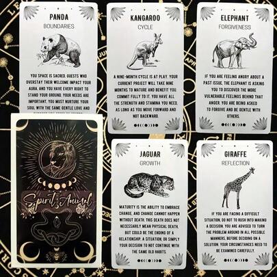 一套“开启内在智慧”54张卡牌，包含灵兽神谕卡，适用于占卜、游戏、聚会、互动、节日、创意礼物、家庭聚会、朋友聚会、度假旅行娱乐、情侣卡牌游戏。