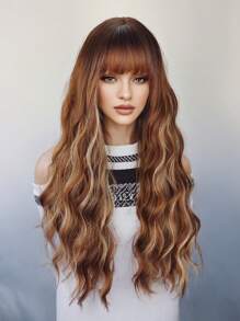 Brown Highlight Synthetic Wigs With Bangs For  Long Ombre Honey Brown Wave Wig Heat Resistant Hair Natural Wig