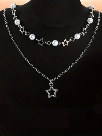 2 件优雅 Y2K 五角星和人造珍珠多层项链 - 时尚派对配饰和时尚前卫的完美生日礼物