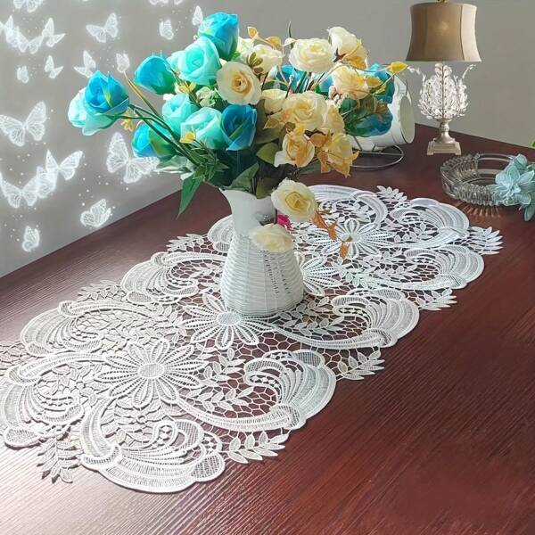 Mantel blanco de encaje con bordado en forma ovalada, tapete de mesa de tela multifuncional, posavasos, cubierta de mesa para decoración del hogar