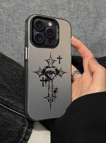 Goth Apple 1pc Imd Material Transparent Black With Camera And Heart & Cross Pattern Phone Case Compatible With IPhone11/12/13/14/15/15pro/15 Plus/15 Promax/7plus/8plus/X/Xs Max/Xr/11pro/12pro/13pro/14pro/12mini/13mini/11promax/12promax/13promax/14promax/14plus/6/6s/6plus/7/8/Se Waterproof Shockproof Anti-Fall Scratch Resistant