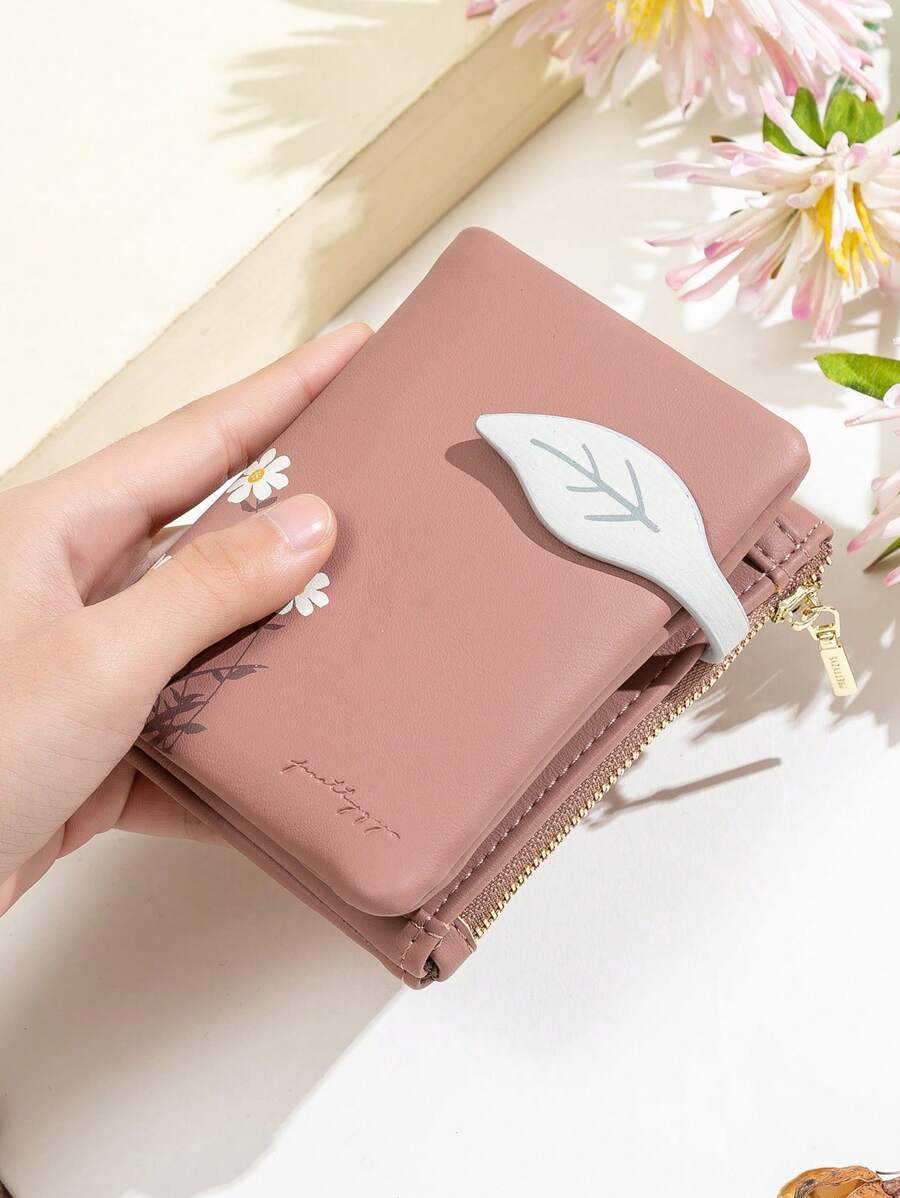 A Deep Pink Short Wallet For Spring/Summer 2024 New Korean PU Leather Printed Zipper Folding Personalized Leaf Buckle Zipper Multi-Functional Fashion College Style Student Coin Multi-Card Position Can Be Extended With Daily Family Storage Party Gift Birthday Gift Casual Practical High-End Street Popular Ladies Short Wallet For Women Wallet Purse Wallet Small Wallet