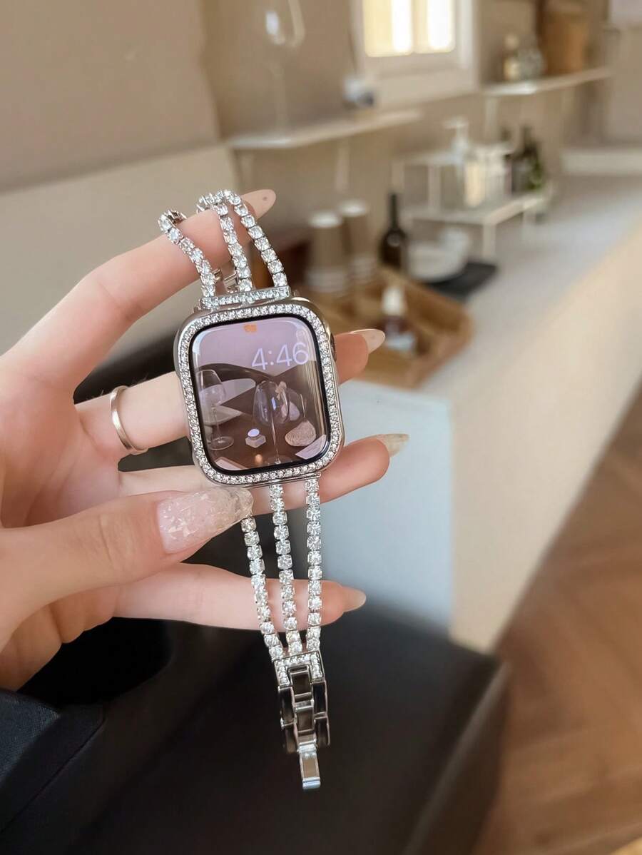 1 Vòng đeo tay kim loại khảm kim cương thời trang tuyệt đẹp dành cho dây đeo đồng hồ Apple, tương thích với Apple Watch 38/40/41/42/44/45/46/49mm, phù hợp với Apple Watch Series Ultra/SE/10/9/8/7/6/5/4/3/2/1, có thể điều chỉnh độ dài, dễ dàng thao tác, phù hợp với dây đeo phụ kiện nhỏ thời trang dành cho nữ (Chỉ có dây đeo, không bao gồm đồng hồ và hộp đựng) - Bạc - Xem 1