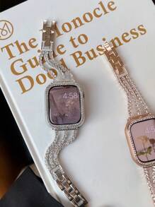 1 Vòng đeo tay kim loại khảm kim cương thời trang tuyệt đẹp dành cho dây đeo đồng hồ Apple, tương thích với Apple Watch 38/40/41/42/44/45/46/49mm, phù hợp với Apple Watch Series Ultra/SE/10/9/8/7/6/5/4/3/2/1, có thể điều chỉnh độ dài, dễ dàng thao tác, phù hợp với dây đeo phụ kiện nhỏ thời trang dành cho nữ (Chỉ có dây đeo, không bao gồm đồng hồ và hộp đựng) - Bạc - Xem 5