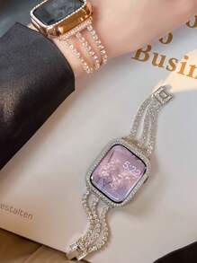 1 Vòng đeo tay kim loại khảm kim cương thời trang tuyệt đẹp dành cho dây đeo đồng hồ Apple, tương thích với Apple Watch 38/40/41/42/44/45/46/49mm, phù hợp với Apple Watch Series Ultra/SE/10/9/8/7/6/5/4/3/2/1, có thể điều chỉnh độ dài, dễ dàng thao tác, phù hợp với dây đeo phụ kiện nhỏ thời trang dành cho nữ (Chỉ có dây đeo, không bao gồm đồng hồ và hộp đựng) - Bạc - Xem 3