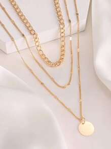 1pc Fashionable Minimalist Versatile Flat Square Chain Circle Golden Shiny Pendant Layered Necklace, Party Gift - Gold - View 2