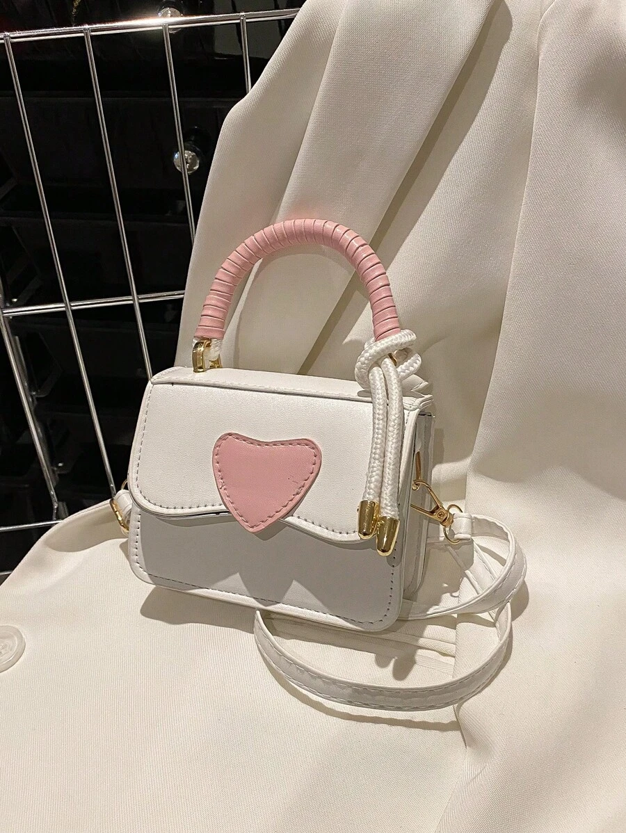 1 Pieza Bolsa Mini En Forma De Corazón Para Niñas, Estilo De Cubierta, Bolsa Cruzada De Pu Contrastante, Para Uso Diario - Blanco - Ver 1
