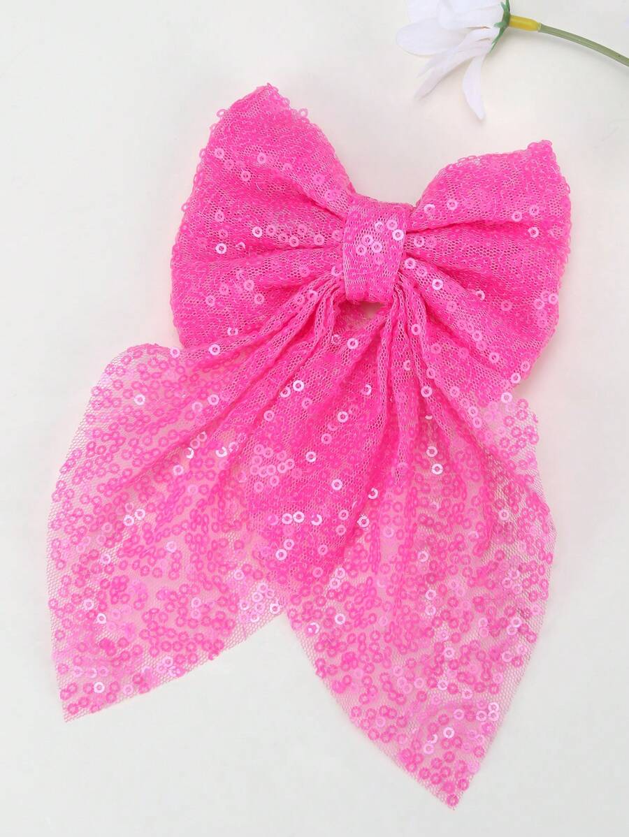 1pc Sequin Mesh Hair Bows For Girls Bow Hair Clip, Sparkling Two Loop Trailing Duckbill Clip, Fashionable Hair Barrette Suitable For Parties And Daily Occasions, Hairpins Teens Hair Accessories - Pink - View 1