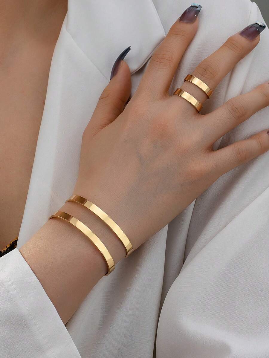 1pc Fashionable Geometric Bracelet & 1pc Ring Set - Yellow Gold - View 1