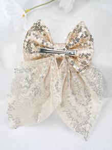1pc Sequin Mesh Hair Bows For Girls Bow Hair Clip, Sparkling Two Loop Trailing Duckbill Clip, Fashionable Hair Barrette Suitable For Parties And Daily Occasions, Hairpins Teens Hair Accessories - Champagne - View 4