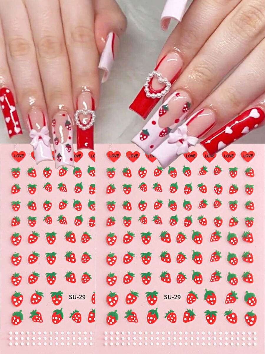 3D草莓可爱指甲贴纸Y2K心形春夏美甲装饰滑块自粘指甲贴花（2包）DIY - 彩色 - 查看 1