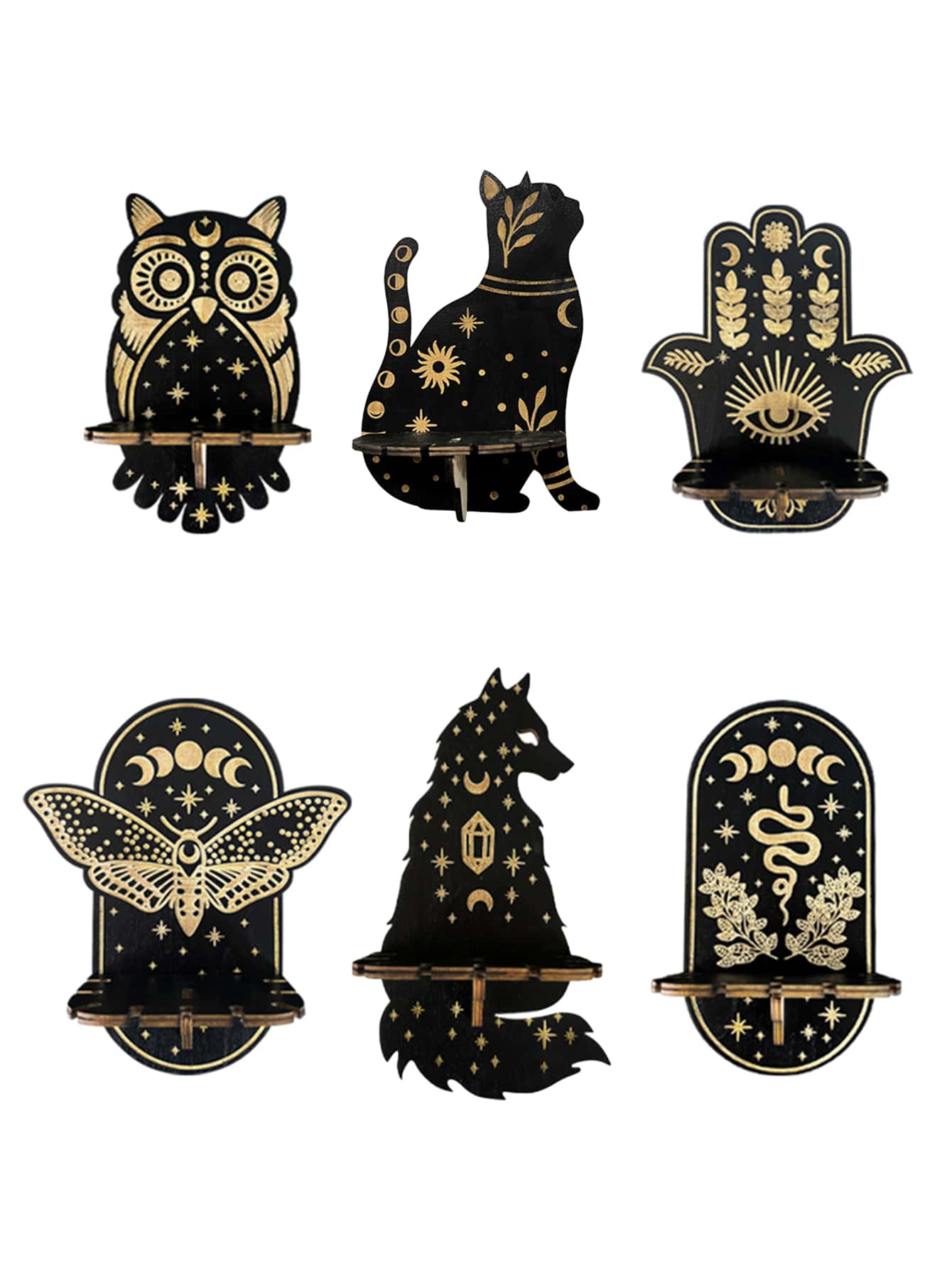 1 件木制动物形状家居装饰壁挂式架子，可爱设计，储物架，家居装饰，房间装饰，墙壁装饰 - 黑金 - 查看 1