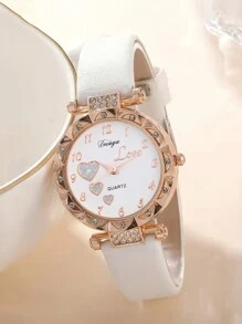 1pc Minimalist Fashionable Diamond-Studded Leather Watch With 4 Bracelets Set