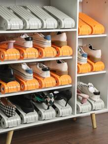 1件家用可调节鞋架鞋子收纳工具节省空间收纳架可调节双层分层鞋托盘放置在鞋柜中节省鞋柜空间纯色简约 - 橘色 - 查看 5