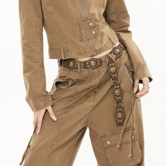 1pc Women's Rivet Studded Y2k Style Vintage Stitching Wide Jeans Belt Boho Halloween Summer, School